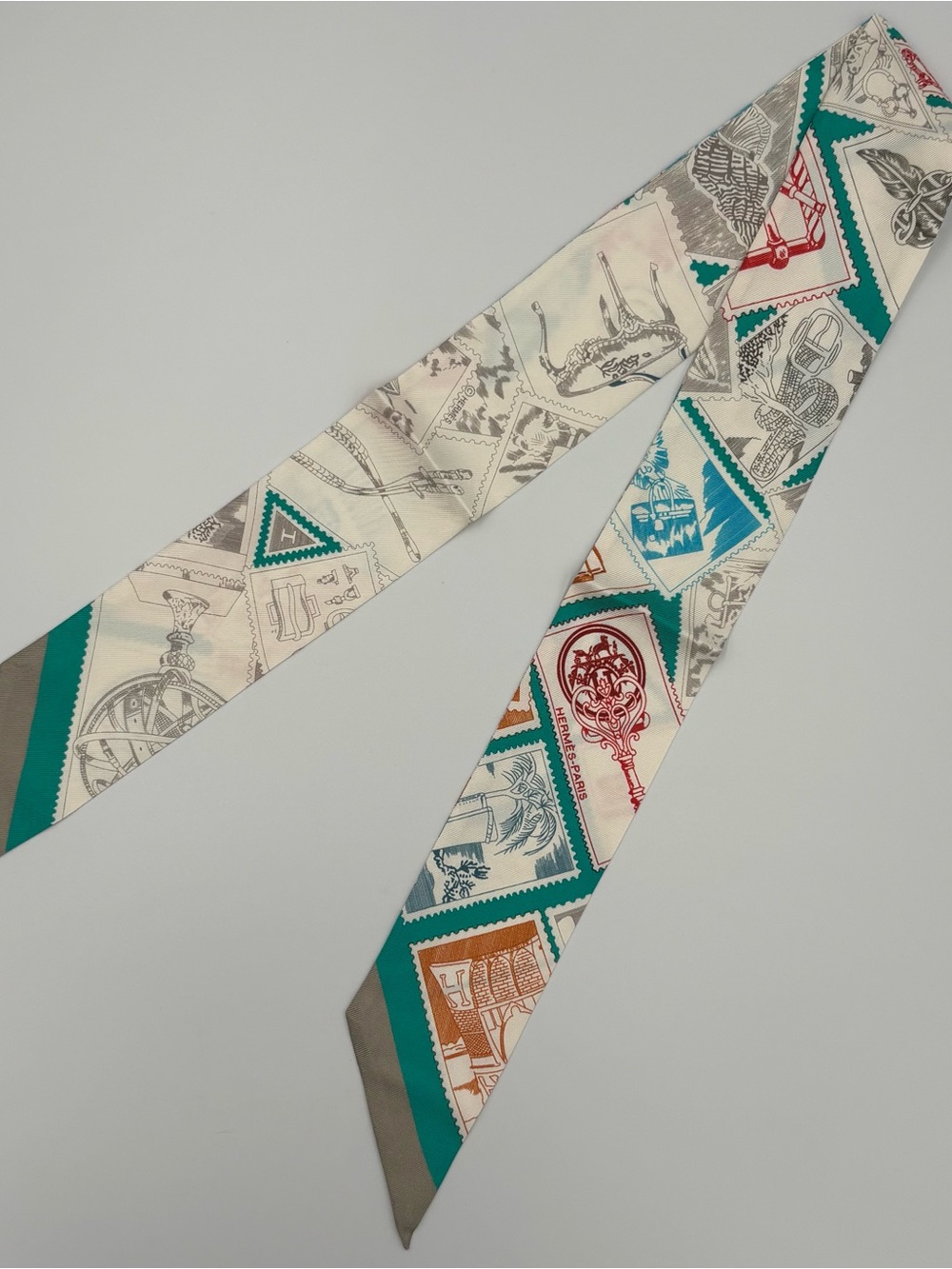 Hermès Le Philateliste du Faubourg Twilly Scarf Cream Teal Stamp Print Silk - Picture 1 of 6